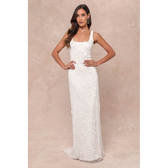 Lulus Extraordinary Glamour 3D Floral Beaded Backless Maxi Wedding Dress Medium - Picture 2 of 11